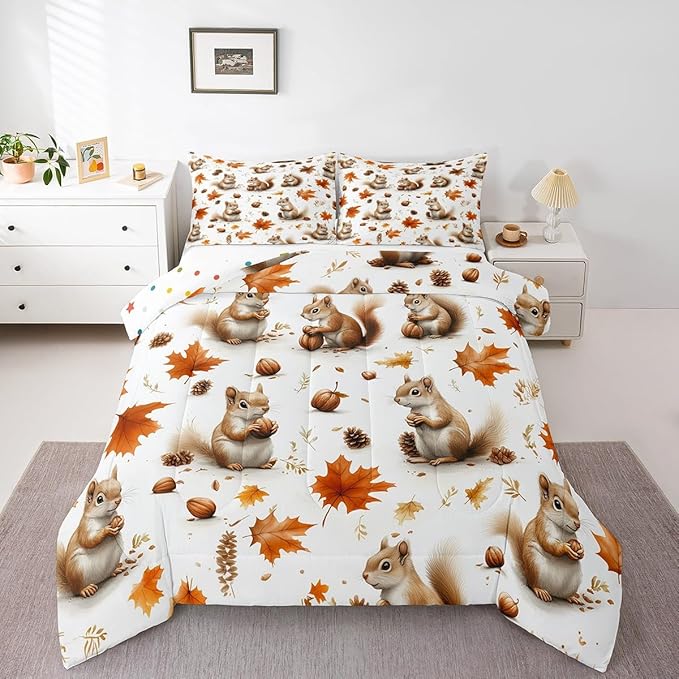 Feelyou Boys Girls Fall Autumn Duvet Cover King Size, Cute Squirrel Comforter Set Cartoon Animal Comforter Cover Kids Maple Leaf Teens Bedspread Cover Bedroom Decor Bed Set 3Pcs