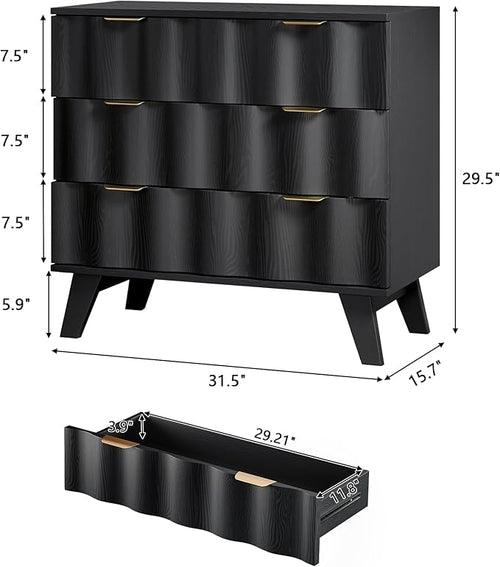 3 Drawer Dresser, Fluted Chest of Drawers with Handles for Closet, Large Nightstand with 3 Drawers Accent Cabinet for Bedroom, Living Room, Hallway (Black)