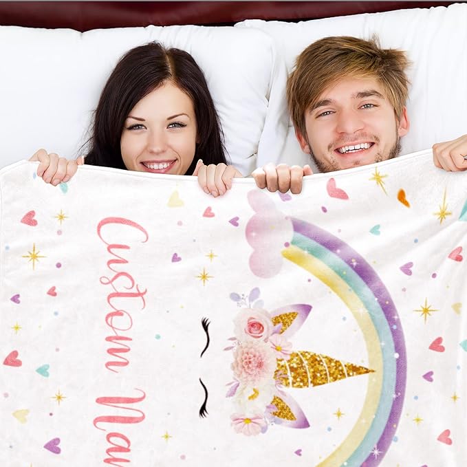 Personalized Unicorn Blanket with Name for Girl, Custom Kids, Soft Flannel Pink Toddler Customized Gift Birthday Christmas Baby Shower Newborn 30'' X 40''