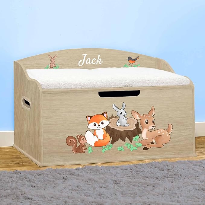DIBSIES Personalized Creative Wonders Toy Box, Woodland Creatures, 30 x 19.25 x 18 inches, Soft-Close Lid (Natural)