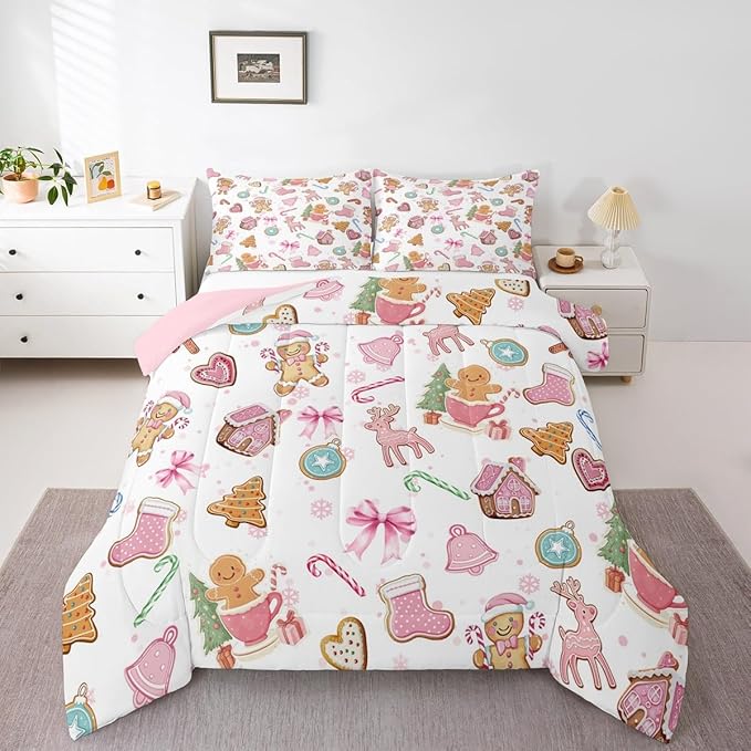 Cute Bow Tie Kids Bedding Set King Size,Pine Tree Merry Christmas Elk Deer Comforter Set,Bowknot Gingerbread Man Snowflake Quilt Comforter,Pink White Colorful Bedroom Duvet Insert,2 Pillowcases