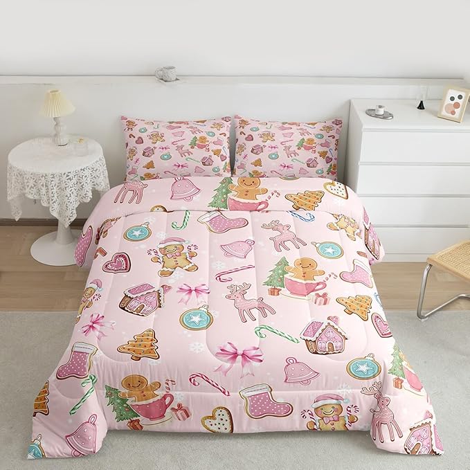 Merry Christmas Kids Comforter Set Twin Size,Gingerbread Man Elk Deer Bowknot Bedding Set Room Decor,Cute Girly Bow Tie Xmas Tree Quilt Comforter,Pink Colorful Duvet Set Bedroom Quilt Set,1 Pillowcase