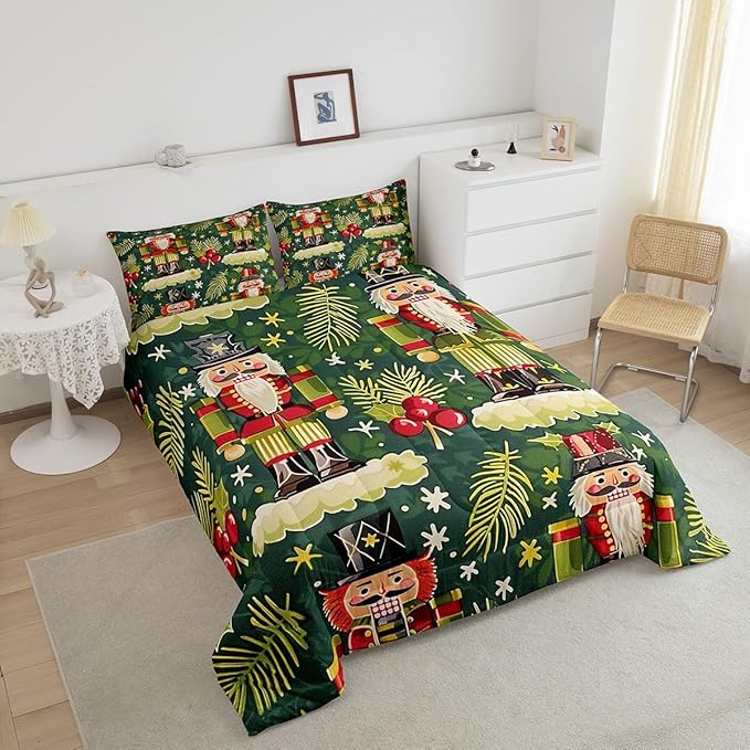 Christmas Cartoon Soldier Comforter Set Twin Size,Christmas Leaves Snowflake Bedding Set for Kids Boys Girls Room Decor,Xmas Abstract Art Quilt Set 2Pcs,Polka Dot Green Duvet Insert,1 Pillowcase