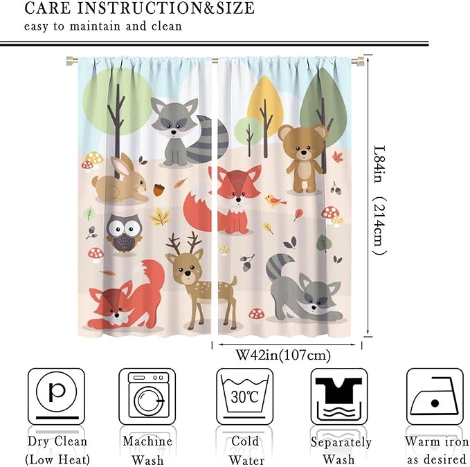 Kids Cartoon Forest Animal Curtains, Cute Woodland Animal Window Treatments for Bedroom Wildlife Fox Bear Deer Bunny Bird Blackout Window Drapes for Girls Boys Nursery Toddler Playroom 84x84in