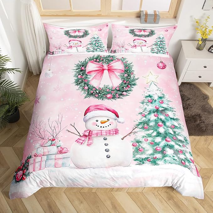 Manfei Christmas Kids Duvet Cover Set King Size, Cute Snowman Xmas Tree Bedding Set for Boys Girls Adults, Pink Bowknot Xmas Comforter Cover, Soft Polyester Quilt Cover, 2 Pillowcases, No Comforter
