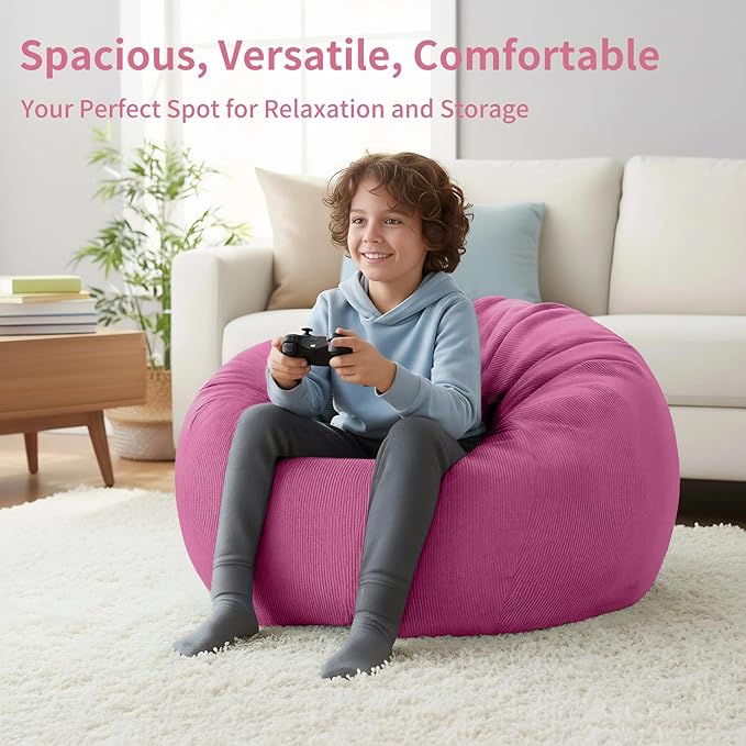 Nobildonna 3 ft Bean Bag Chair Cover (No Filler) 35"×43" Large Stuffed Animal Storage Bean Bag Washable Big Beanbag Chair Cover Premium Corduroy Bean Bag Cover for Adults,Kids,Rose Red 300L