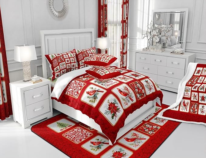 Castle Fairy Merry Christmas Comforter Set King Size,Red Patchwork Xmas Themed Plaid Bedding Set All Season Quilt Set,Cardinals Berries Bells Floral Pine Microfiber Polyester Down Comforter