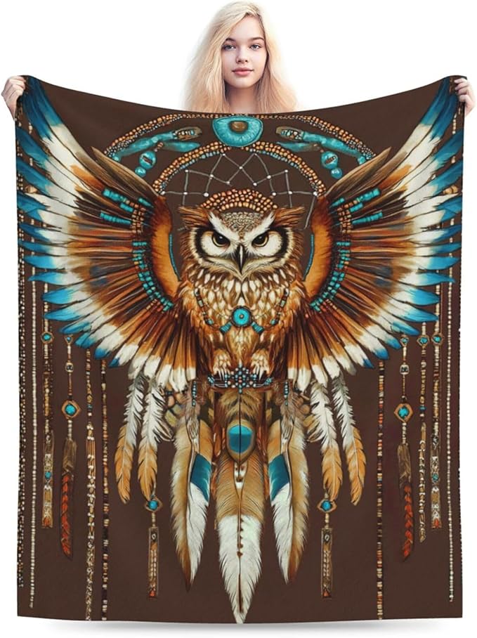 Owl Blanket Native American Decor Throw Blanket Super Soft Flannel Lightweight Fluffy Plush Fuzzy Fleece Indian Blanket Gifts for Girl Woman Adults Man Boys Kids Baby for Bed Sofa 40"X50"