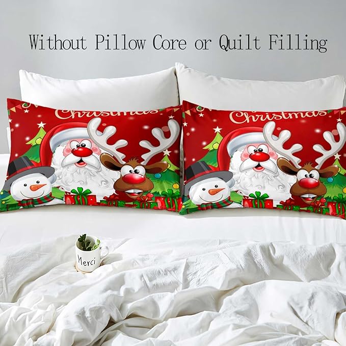 LUVIVIHOME 3PCS Red Christmas Duvet Cover Queen Bedding Sets, Boys Girls Kids Bedding, Santa Claus Snowman Reindeer Holiday New Year Xmas Gifts Christmas Comforter Bedspread Quilt Cover 2 Pillow Cases