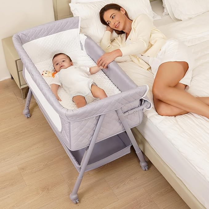 Bassinet Bedside Sleeper, Adjustable Height Baby Bassinet with Wheels, Easy Assemble & Folding Crib with Comfy Mattress, Breathable Mesh Bedside Bassinet for Infant Newborn (Grey)