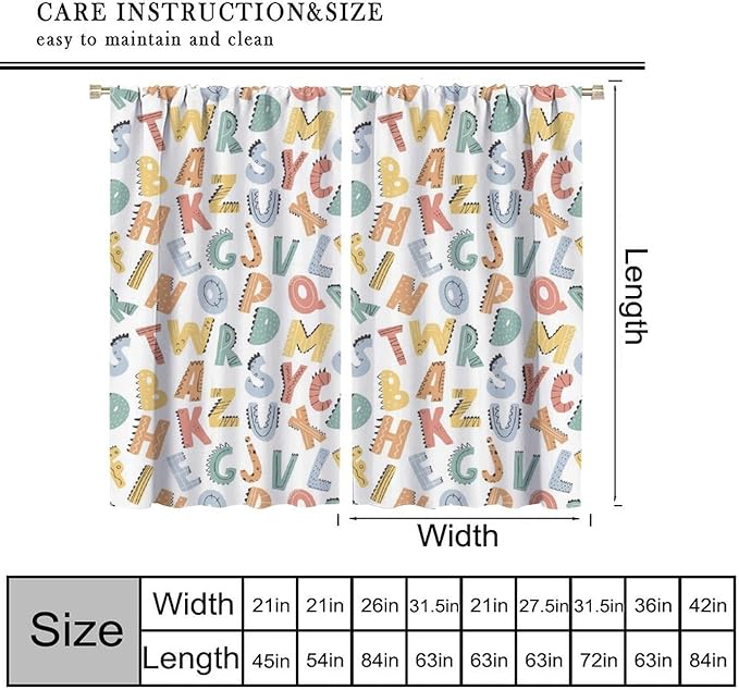 Kids Alphabet Letter Curtains Cute Funny Education Printed Curtain with Rod Pocket for Bedroom Living Room Home Decor Drapes Window Treatments 2 Panels Set 42" W X 45" L