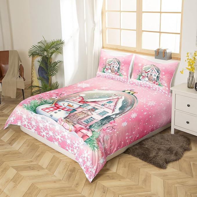 Manfei Christmas Duvet Cover Set Queen Size, Pink Castle and Snowman Print Bedding Set 3pcs for Kids Girls Teens Bedroom Decor, New Year Snowflake Print Comforter Cover with 2 Pillowcases,No Comforter