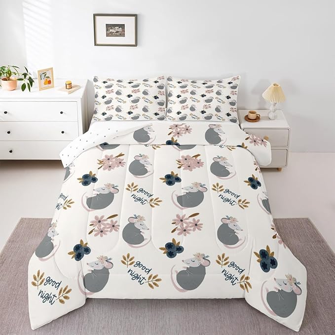 Castle Fairy Watercolor Flower Plant Boys Girls Comforter Set Full Size,Cute Opossum Duvet Set Teens Bedroom Decor,Cartoon Animals Microfiber Soft Bedding