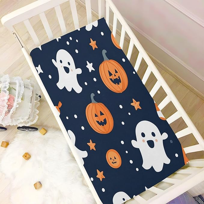 Crib Sheet, Unisex Crib Sheet, Soft and Comfortable for Standard Crib and Toddler Mattress, Ghosts and Halloween Pumpkins