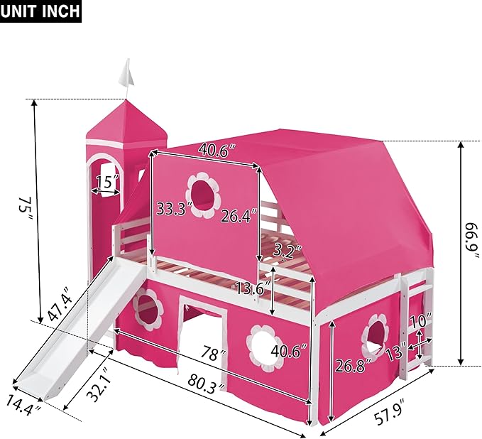 Polibi Full Size Castle Loft Bed with Slide & Pink Tent and Tower, Playhouse Design Spacious Under Bed Space with Curtains, Wood Tent Bed Frame for Kids Boys Girls(Pink,Full)