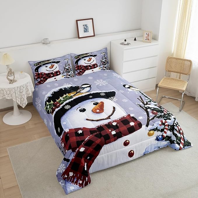 Feelyou Kids Christmas Theme Decorations Bedding Set Xmas Snowman Comforter Set for Boys Girls Merry Christmas Funny Cute Decor Bedroom Collection 2Pcs Toddler Size
