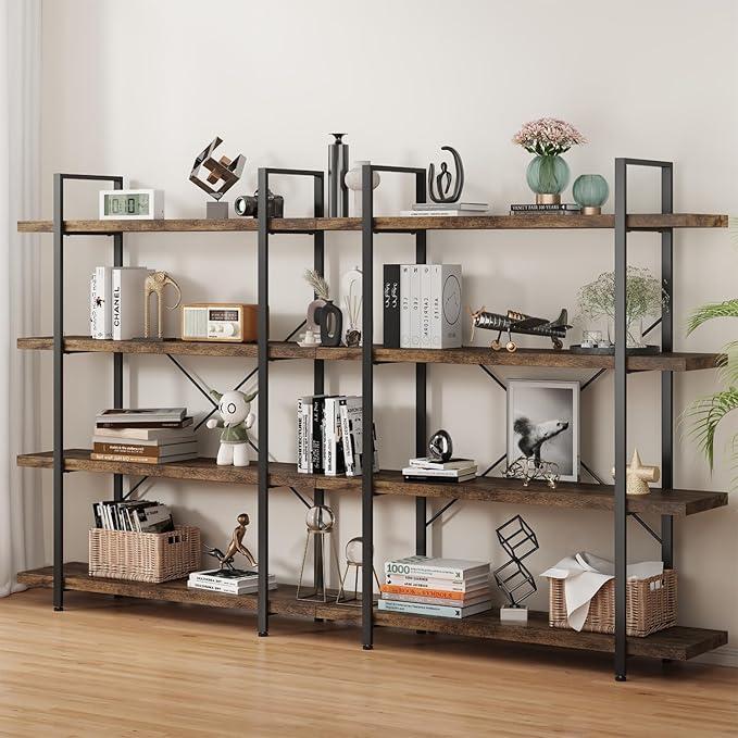 4 Tier Bookcase, 47 Inch Wide Wood Bookshelf, 120lbs Shelf Capacity, Rustic Open Shelving Industrial Display with Reinforced Horizontal Brown Shelves for Living Room Bedroom Office 2 Set