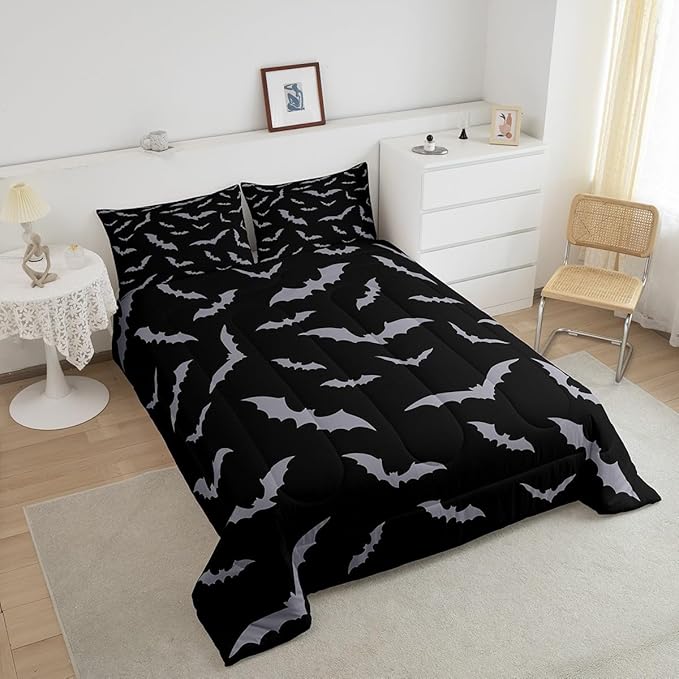 Erosebridal Happy Halloween Comforter Set for Kids Youth Grey Bats Bedding Set Gothic Spooky Quilt Toddler Size Cartonn Bed Decorative Bedding Comforter Sets with 1 Pillow Case