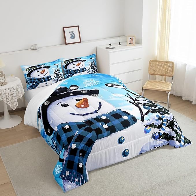 Feelyou Kids Christmas Theme Decorations Bedding Set Xmas Snowman Comforter Set for Boys Girls Cute Comforter Blue Bedroom Collection Full Size