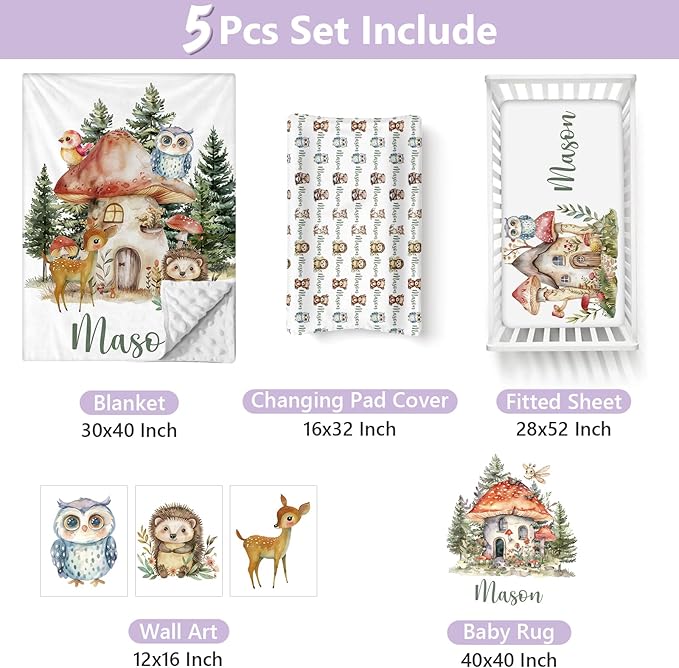 Personalized Baby Crib Bedding Set, 5 Pcs Custom Name Nursery Bedding Set for Girls Boys, Forest Animals Baby Crib Set for Toddlers Infants, Double Layer Bedding Crib Sets Customized Gifts