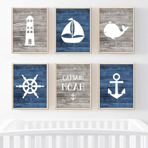 Andaz Press Personalized Ocean Nautical Sailor Theme Nursery Kids Bedroom Hanging Wall Art Decor, 8.5x11-inch, Rustic Distressed Blue Wood, Anchor, 6-Pack, Custom Name Unframed Room Poster