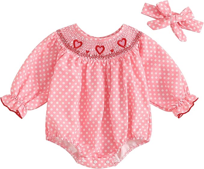 Amiblvowa Baby Girl Valentines Day Outfit Embroidery Love Heart Smocked Bubble Romper Bodysuit Cute Infant Newborn Clothes