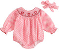 Amiblvowa Baby Girl Valentines Day Outfit Embroidery Love Heart Smocked Bubble Romper Bodysuit Cute Infant Newborn Clothes