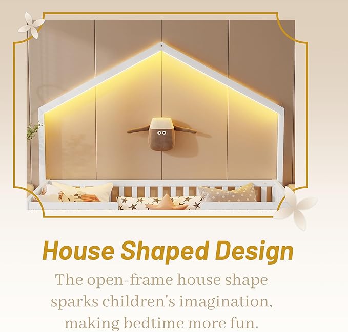 Full Size House Bed for Kids, Low Profile Full Montessori Bed with High Railings, Wood House Shape Montessori Beds with Light & Roof for Kids, White