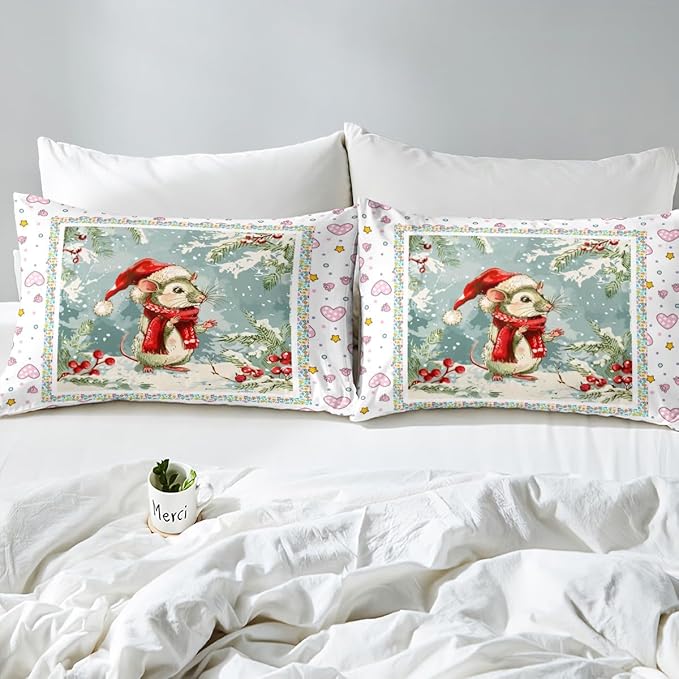 Feelyou Christmas Bedding Set Xmas Tree Snowflake Duvet Cover for Kids Boys Girls Cartoon Mouse Love Print Comforter Cover Cute Animal Bedspread Cover Bedroom Collection 3Pcs King Size,No Comforter