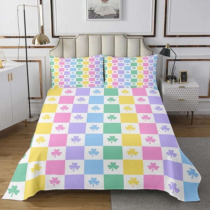 Manfei Lucky Clover Kids Bedspread King Size,Colorful Geometric Checkered Grids Coverlet Set,Girls Women Room Decor,Four Leaf St. Patrick's Day Quilted Coverlet,Kawaii Bedding Quilt,2 Pillowcases