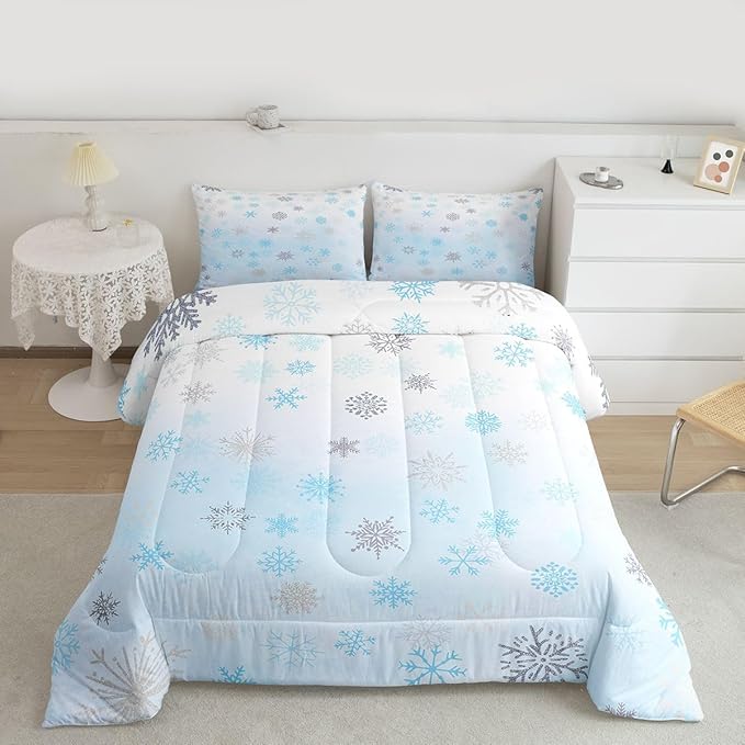 Feelyou Glitter Snowflake Comforter Set Queen Size, Blue Snowflake Comforter Kids Toddler Ombre Bedding Set Winter Theme Duvet Set Microfiber Bed Set
