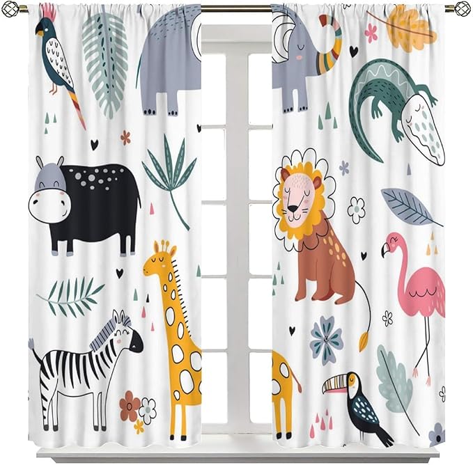 YCness Cartoon Forest Animals Curtains, Woodland Woodland Wild Giraffe Zebra Lion Hippopotamus Window Treatments for Kids Bedroom Living Room Home Nursery Drapes, 42x63 Inch