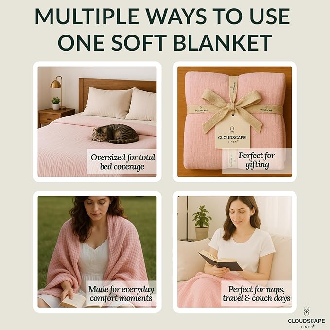 Cloud Scape Linen Oversized 4 Layer Muslin Blanket Twin Size - 100% Cotton, Lightweight & Breathable All Season Gauze, Pre-Washed, for Bed, Couch, fits Twin XL Bed,68x92, Seashell Pink