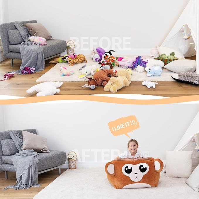 Aubliss Unicorn Stuffed Animal Storage Bean Bag Chair for Kids, Velvet Extra Soft Beanbag Chairs Cover, X-Large Stuffable Zipper Bean Bag for Organizing Plush Toys Girls Bedroom Decor, Monkey