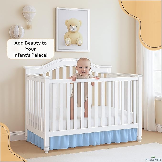 Rajlinen Ruffled Crib Bed Skirt, Microfiber, Dust Ruffle with Split Corners, 14" Drop, Nursery Toddler Bedding for Baby Boys or Girls, Light Blue