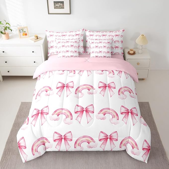 Manfei 7 Pieces Pink Bowknot Princess Comforter King,Rainbow Cloud Bow Tie Toddler Bedding Set,Bow Princess Tale Style Cartoon Dreamy（Comforter+Fitted+Flat Sheet+2 Pillowcases+2 Throw Pillow Covers）