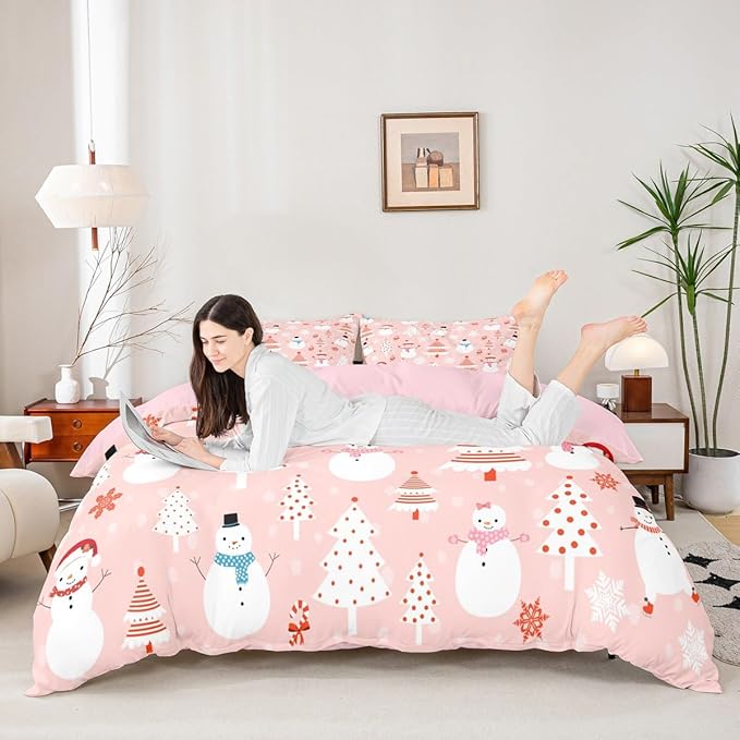 Christmas Kids Bedding Set Cartoon Snowman Bedding Duvet Cover Set for Boys Girls Christmas Tree Decor Comforter Cover Set Pink Dots Xmas Theme Bedspread Cover Bedroom Quilt Cover 3Pcs Queen Size
