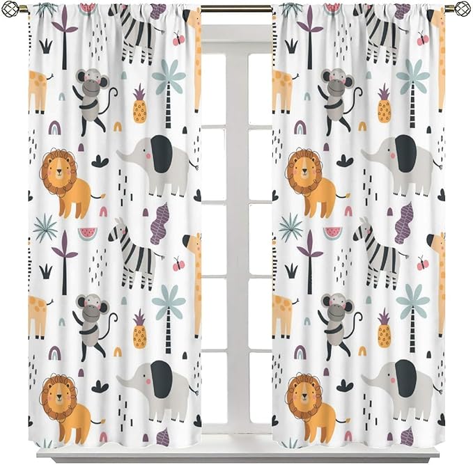 Cute Cartoon Animals Curtains Tropical Jungle Animals Elephant Giraffe Monkey Lion Modern Abstract Aesthetics for Kids Boys Bedroom Nursery Rod Pocket Decoration Window Drapes 2 Panels W26xL84in