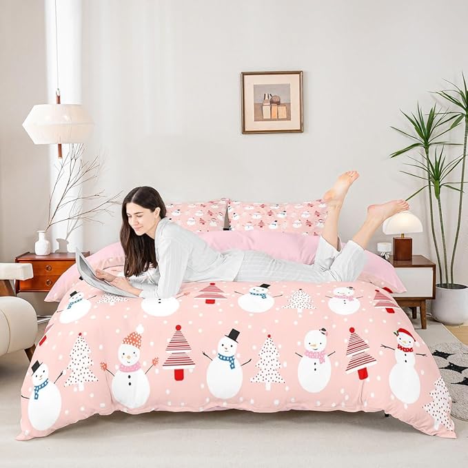 Christmas Duvet Cover Cartoon Snowman Christmas Tree Bedding Set Snowflake Comforter Cover for Boys Girls Children Teens Bedroom Decor Pink Xmas Theme Bedspread Cover Toddler Size With 1 Pillow Case