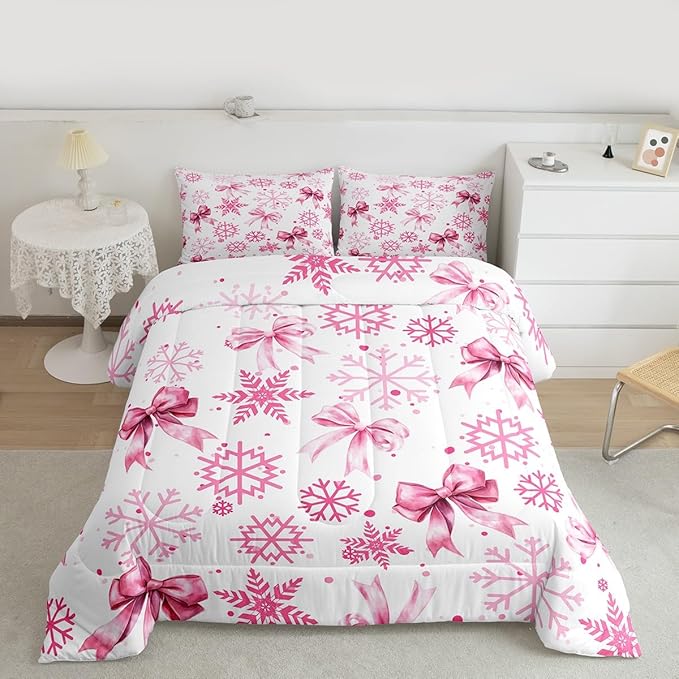 Cute Bow Tie Kids Comforter Set Twin Size,Girly Bowknot Snowflake Dots Bedding Set Room Decor,Merry Christmas Winter Princess Quilt Comforter,Pink White Duvet Set Bedroom Quilt Set,1 Pillowcase