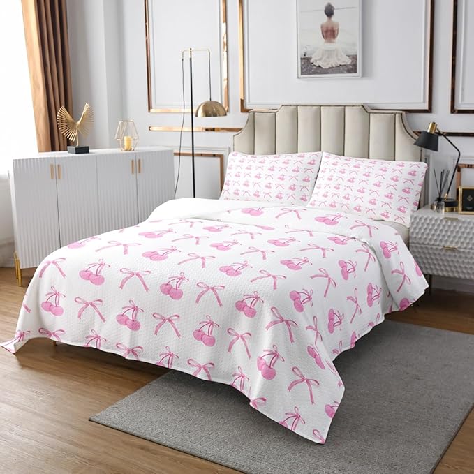 Manfei Cherry Bowknot Kid Bedspread King Size,Pink Bow Tie Butterfly Knot Princess Coverlet Set,Girls Women Room Decor,Cartoon Bow Patchwork Quilted Coverlet,Dreamy Sweet Bedding Quilt,2 Pillowcases