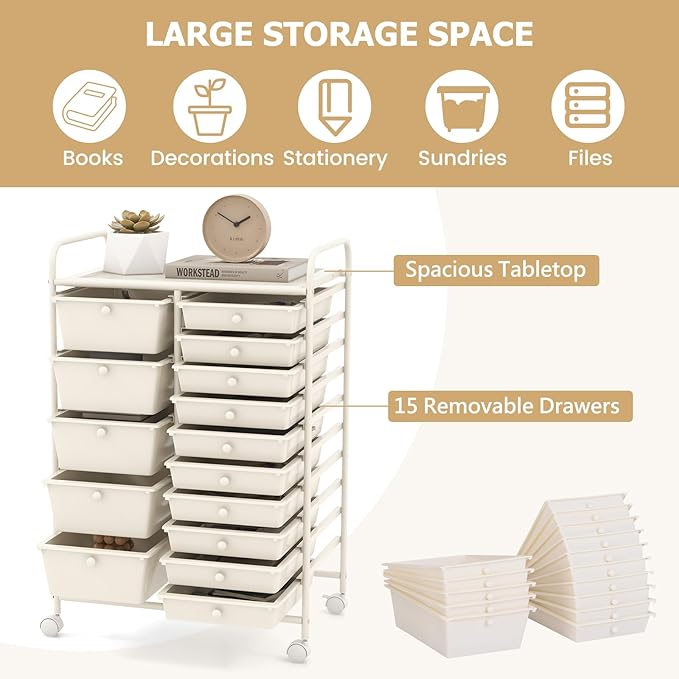 RELAX4LIFE 15-Drawer Storage Drawer Carts - Mobile Rolling Utility Cart w/Wheels, Craft Organizer for Classroom Organization and Storage, School, Office, Home, Storage Organizer Cart (White)