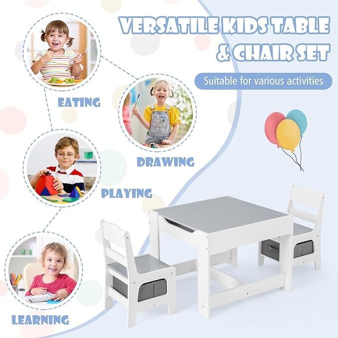 HONEY JOY Kids Table and Chairs, 3-in-1 Children Wooden Activity Set with Storage, Detachable Tabletop, for Art, Craft, Drawing, Reading, Gift for Toddlers Boys Girls 3-7 Years Old (Grey)