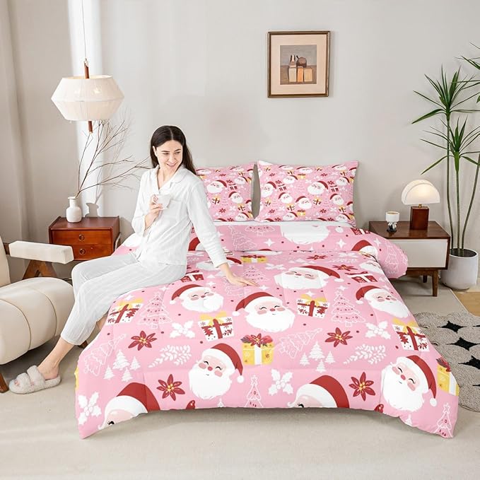 jejeloiu Santa Claus Comforter Set Twin Size Merry Christmas Bedding Set for Kids Boys Girls Xmas Themed Duvet Quilt Pink Bedroom Decor