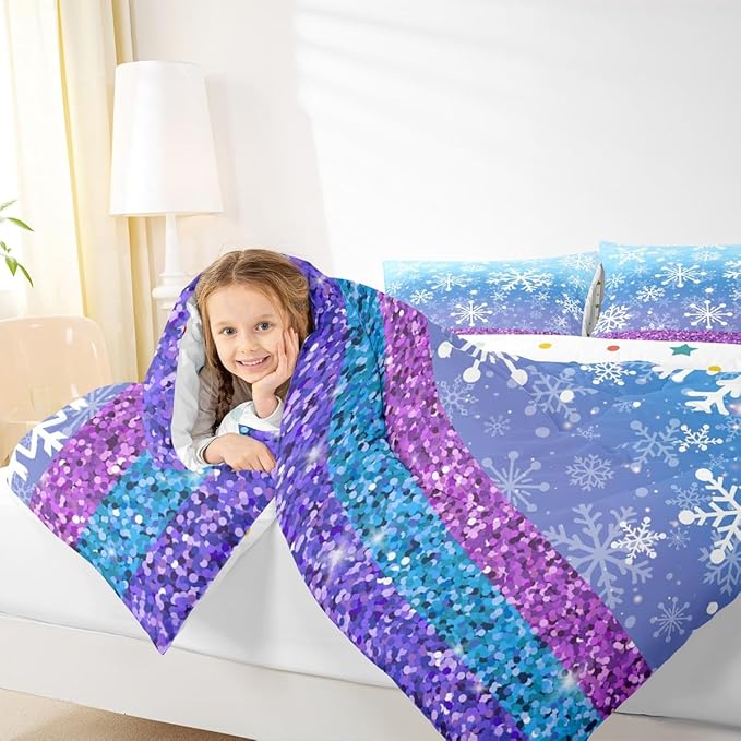 Feelyou Winter Snowflake Comforter Set All Season Glitter Print Bedding Set with 1 Pillow Cases Christmas Microfiber Kids Twin Bedclothes Holiday New Year Bedroom Decor Duvet Quilt Soft Lightweight