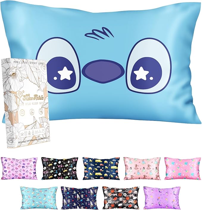 Silk Pillowcase for Kids - 30 x 20 Inches Queen Size Mulberry Silk Pillow Case with Zipper Cute Cartoon Kawaii Teens Girls Boys Pillowcase for Hair and Skin, Blue Eye