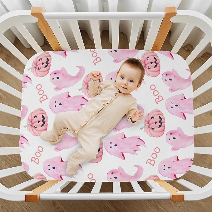 Halloween Ghosts Pink Crib Sheets Soft Breathable Fitted Baby Crib Sheets Mattress Cover for Girl Boys, 52" x 28" x 9"
