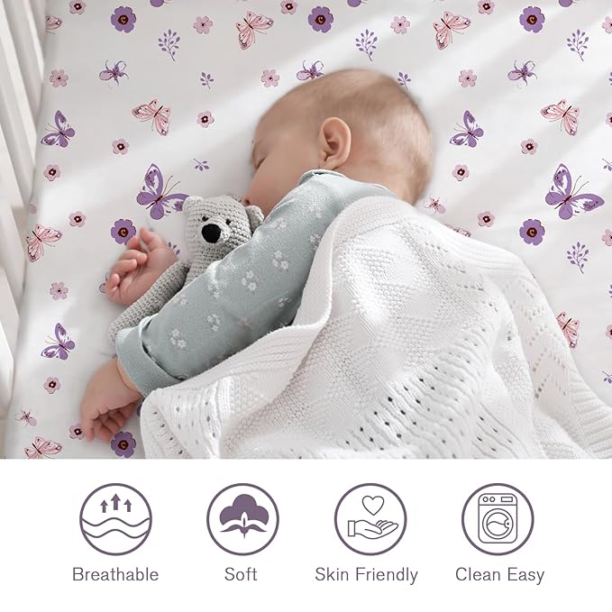 Little Grape Land Crib Sheets for Boys and Girls, 2pk Baby Crib Fitted Sheet for Standard Size Crib and Toddler Mattress, Super Soft Baby Sheet (Purple Butterfly)