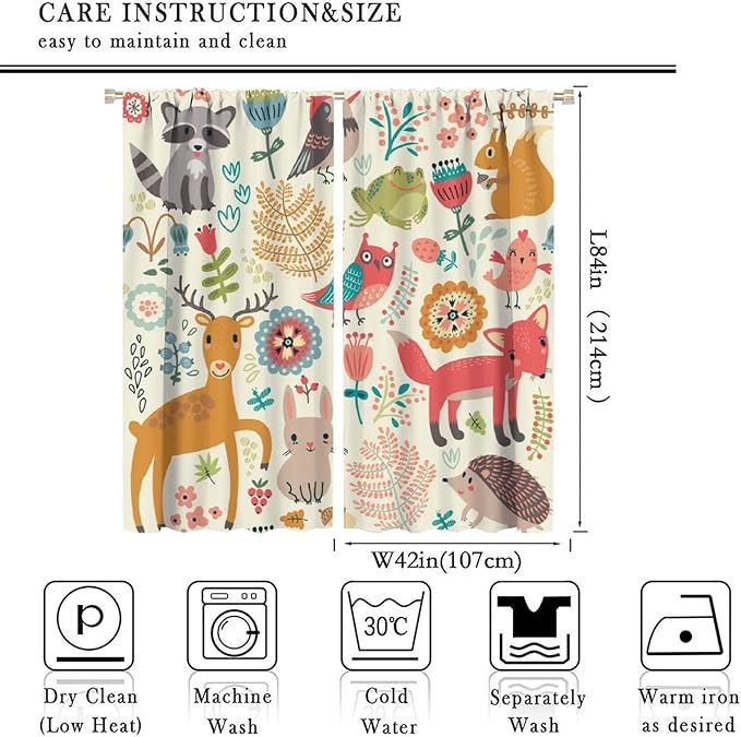 Kids Baby Woodland Blackout Curtains,Forest Animals Plants Cartoon Funny Colorful Deer Fox Owl Pattern Thermal Insulation Window Drapes for Boys Girls Children's Bedroom 84x84in