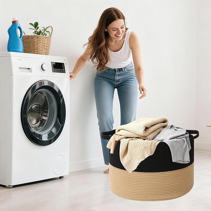 Large Blanket Basket for Organizing,65L Closet Organizers and Storage Bins Box for Shelves Woven Rope Storage Baskets,Living Room,Bedroom,Dorm,Laundry room (Black&Camel)